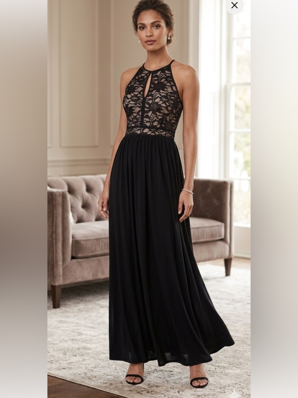 Night Way Collections Black Lace Halter Maxi Dress with Nude Lining